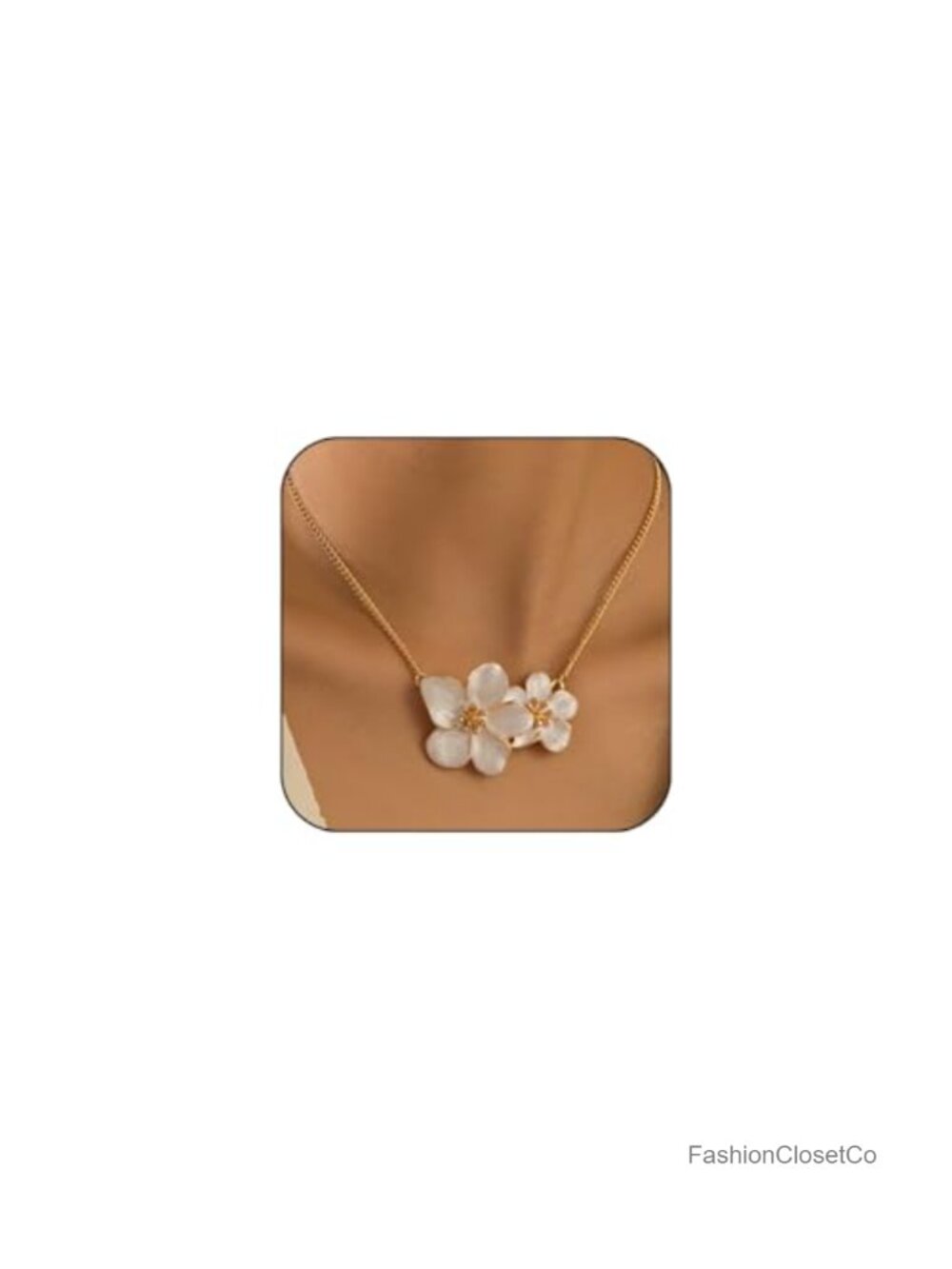 Gold Tone Chunky Statement Hibiscus Flower Pendant Necklace